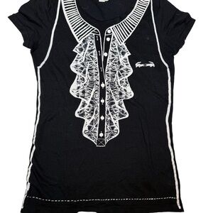 Lacoste Black Tee with White Ruffle Print